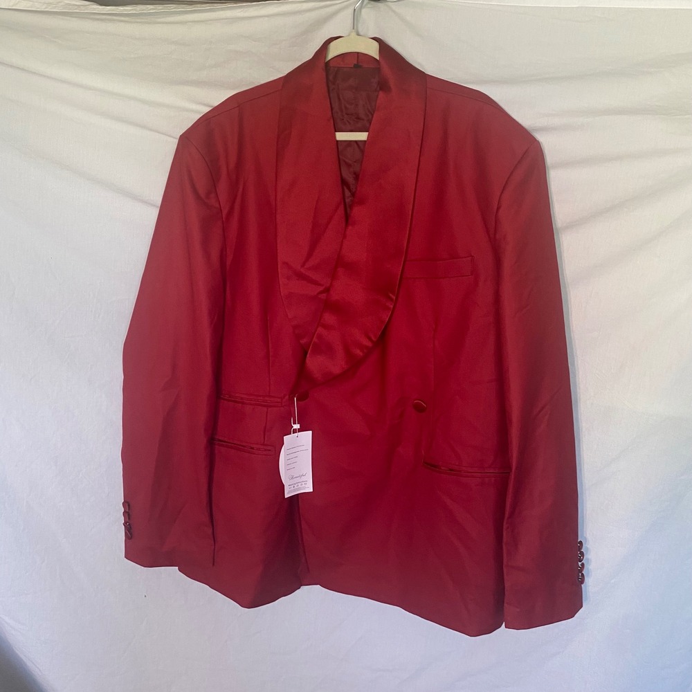 Beautiful Red Double Breasted Blazer Satin Shawl Lapel Formal Jacket Size 48 NEW